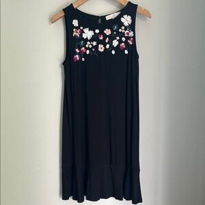 Loft Dress black floral embroidered  sleeveless swing ruffle hem Small Petite
